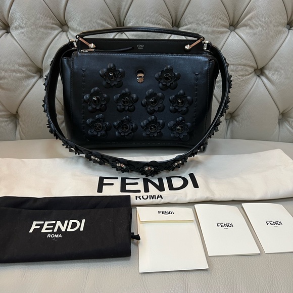 Fendi Dotcom Black Leather Bag Flowers Studded with Matching Strap Satchel - Picture 1 of 14